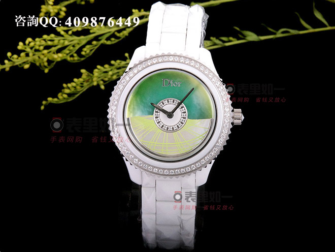 迪奥Dior 女士时尚石英腕表 白色陶瓷 绿色 转运摆扇 38*13mm