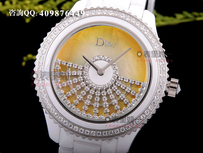 迪奥Dior 女士时尚石英腕表 白色陶瓷 黄色 转运摆扇 38*13mm