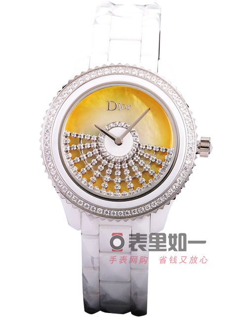 迪奥Dior 女士时尚石英腕表 白色陶瓷 黄色 转运摆扇 38*13mm